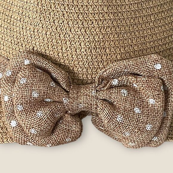 Cute Womens Fedora Straw Hat Clutch Bucket Polka Dot Bow Band Tan White Feminine - Picture 6 of 8